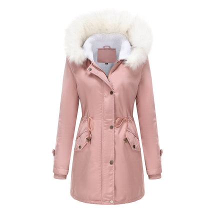 Women's winter jacket, warm wool lined padded parka with detachable fur hood coat