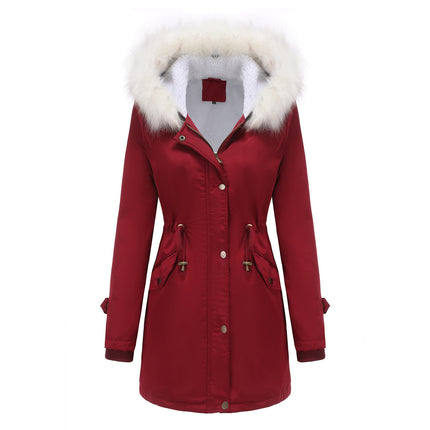 Women's winter jacket, warm wool lined padded parka with detachable fur hood coat