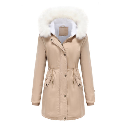 Women's winter jacket, warm wool lined padded parka with detachable fur hood coat