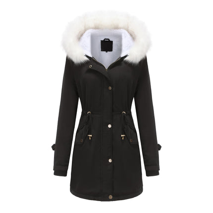 Women's winter jacket, warm wool lined padded parka with detachable fur hood coat