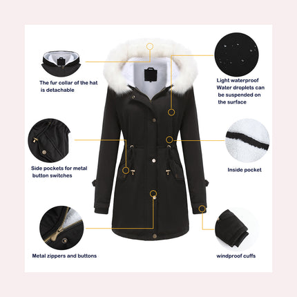 Women's winter jacket, warm wool lined padded parka with detachable fur hood coat