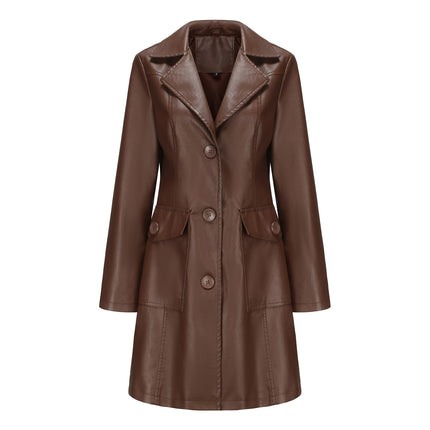 Women's PU faux leather jacket casual single-breasted lapel long suit windbreaker jacket
