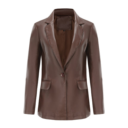 Women's PU Faux Leather Jacket Single Button Suit Jacket Fall and Winter Lapel Coat