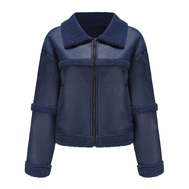 Women's Faux Suede Button-Up Motorcycle Jacket Lapel Padded Cropped Casual Jacket with Pockets