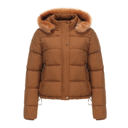 Women's Full Zipper Winter Coat Warm Sandwich Jacket with Removable Fur Hood with Pockets