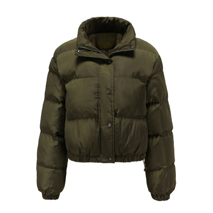 Womens Quilted Cropped Puffer Jacket Long Sleeve Full Zipper Pocketed Warm Short Bubble Coats