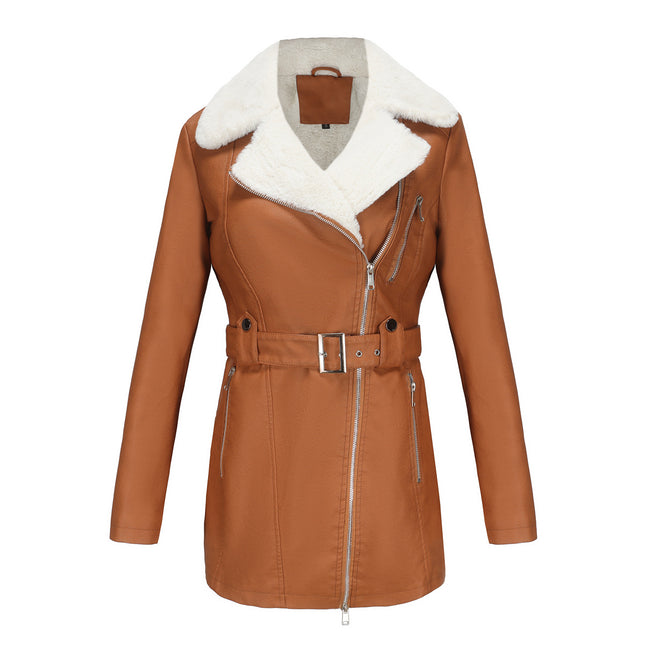 Women's Faux Leather Coat Warm Leather Jacket Long Sleeve Lapel Zipper with Belt PU Jacket