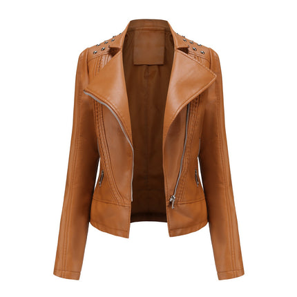 Women's Faux Leather Beaded Lapel Jacket PU Slim Fit Cropped Motorcycle Jacket with Zipper Pockets