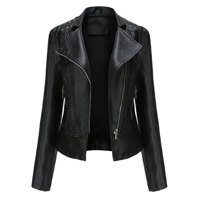 Women's Faux Leather Beaded Lapel Jacket PU Slim Fit Cropped Motorcycle Jacket with Zipper Pockets