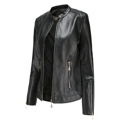Women's Zipper Faux Leather Jacket PU Slim Short Motorcycle Jacket with Pocket Model A