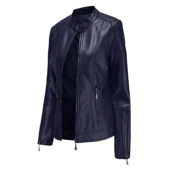 Women's Zipper Faux Leather Jacket PU Slim Short Motorcycle Jacket with Pocket Model A