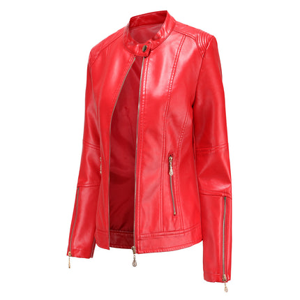 Women's Zipper Faux Leather Jacket PU Slim Short Motorcycle Jacket with Pocket Model A