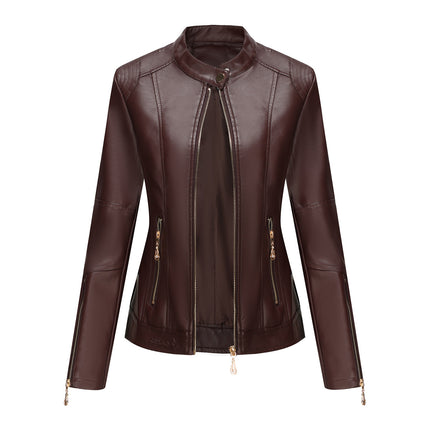 Women's Zipper Faux Leather Jacket PU Slim Short Motorcycle Jacket with Pocket Model A