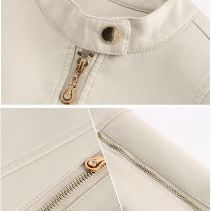 Women's Zipper Faux Leather Jacket PU Slim Short Motorcycle Jacket with Pocket Model A