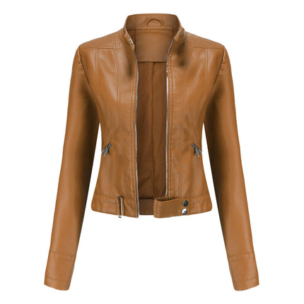 Women's Faux Leather PU Jacket Slim Short Motorcycle Jacket with Zipper Pocket Model A