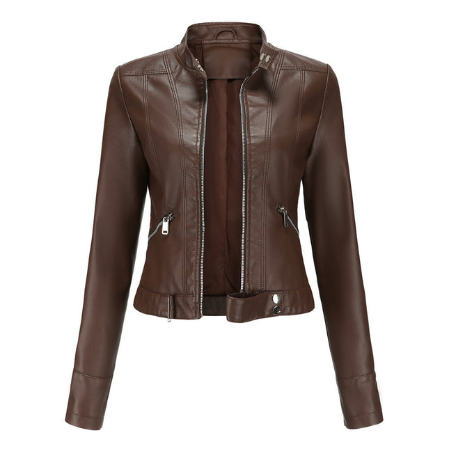 Women's Faux Leather PU Jacket Slim Short Motorcycle Jacket with Zipper Pocket Model A
