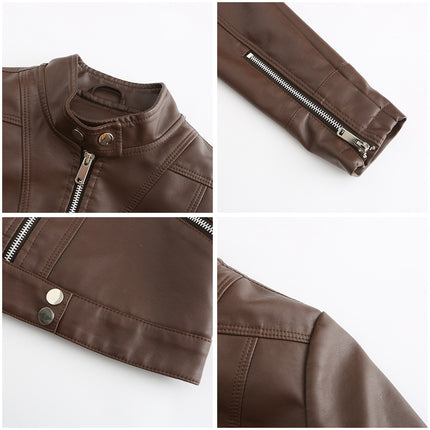 Women's Faux Leather PU Jacket Slim Short Motorcycle Jacket with Zipper Pocket Model A