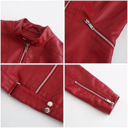 Women's Faux Leather PU Jacket Slim Short Motorcycle Jacket with Zipper Pocket Model A