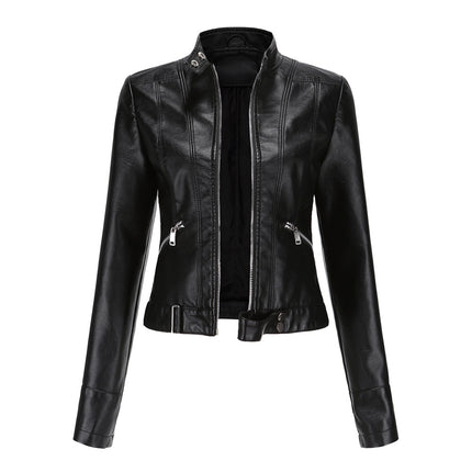 Women's Faux Leather PU Jacket Slim Short Motorcycle Jacket with Zipper Pocket Model A