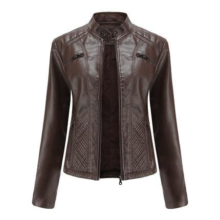 Women's Faux Leather Motorcycle Jacket PU Slim Short Motorcycle Jacket with Zipper Pocket