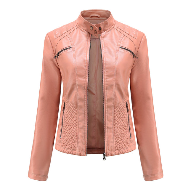 Women's Faux Leather Motorcycle Jacket PU Slim Short Motorcycle Jacket with Zipper Pocket