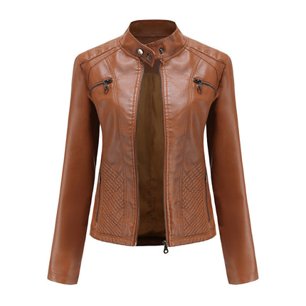 Women's Faux Leather Motorcycle Jacket PU Slim Short Motorcycle Jacket with Zipper Pocket