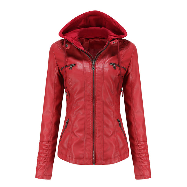 Women's Faux Leather Jacket Hooded Motorcycle Biker Jacket Full Zipper Pleated Casual Warm Jacket