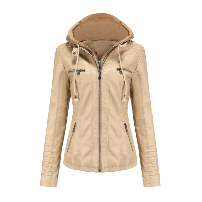 Women's detachable hood faux leather biker jacket, product image 2