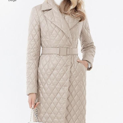 Women's Diamond Quilted Jacket Long Belted Fashion Classic Lapel Slim Coat Jacket