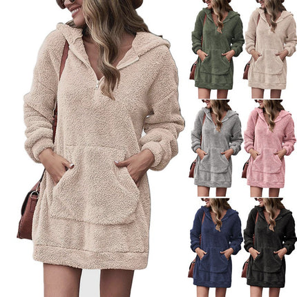 Women's Long Hoodie Outerwear Winter Reversible Fleece Jacket Loose Zipper with Pockets