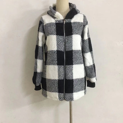 Women's Plaid Flannel Long Hoodie Long Sleeve Zipper Loose with Pockets Jacket