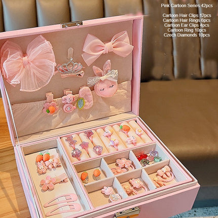 Girls Hair Accessory Set-with Double Jewelry Box-Includes Cute Cartoon Animal Hair Clips, Flower Hair Band Hair Rope
