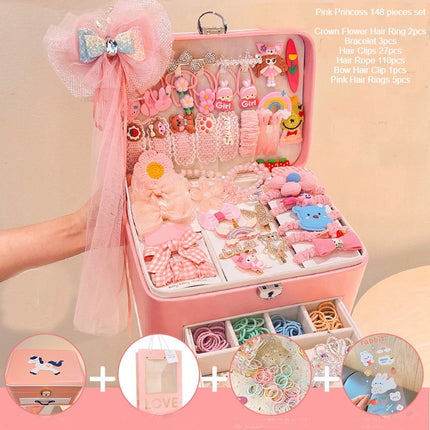 2 Layers Hair Accessories Gift Box Baby Headband Bow Clips Girls Elastic Metal Clips Suitable for Girls Aged 4-12