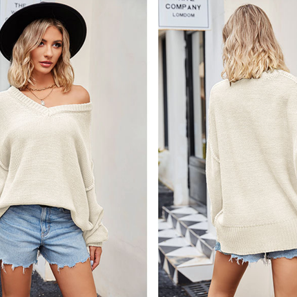 Women's Fall Shirt Oversized Fashion V-Neck Sweater Casual Drop Shoulder Sweater Long Sleeve Pullover