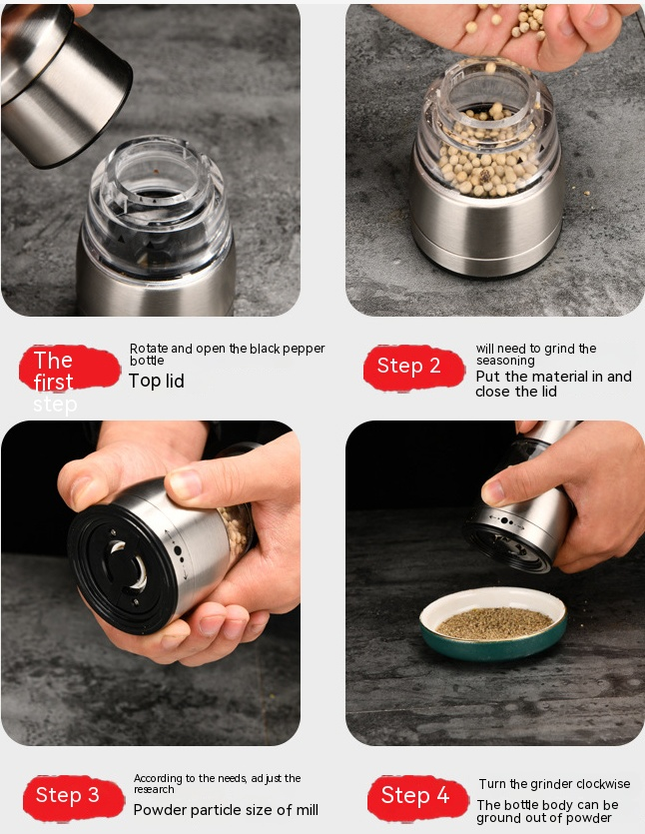 Stainless Steel Salt and Pepper Mill, Adjustable Coarseness Manual Pepper Mill, Professional Spice and Seed Grinder