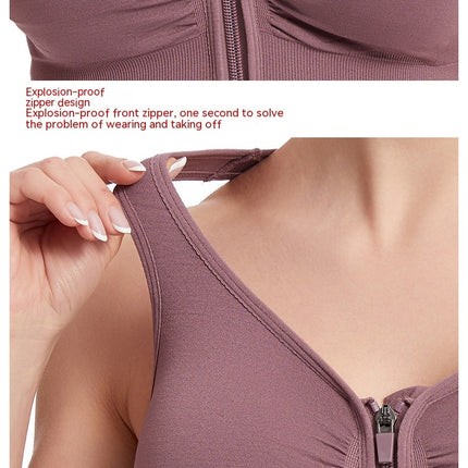 Anti-shock gathered large size running yoga fitness sports bra hollow back front zipper sports underwear female