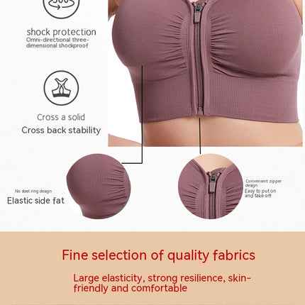 Anti-shock gathered large size running yoga fitness sports bra hollow back front zipper sports underwear female