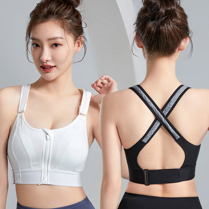 Women's Adjustable Front Zipper Sports Bra Yoga Running High Strength Shockproof Tank Top Non-Steel Ring Cross Strap Underwear