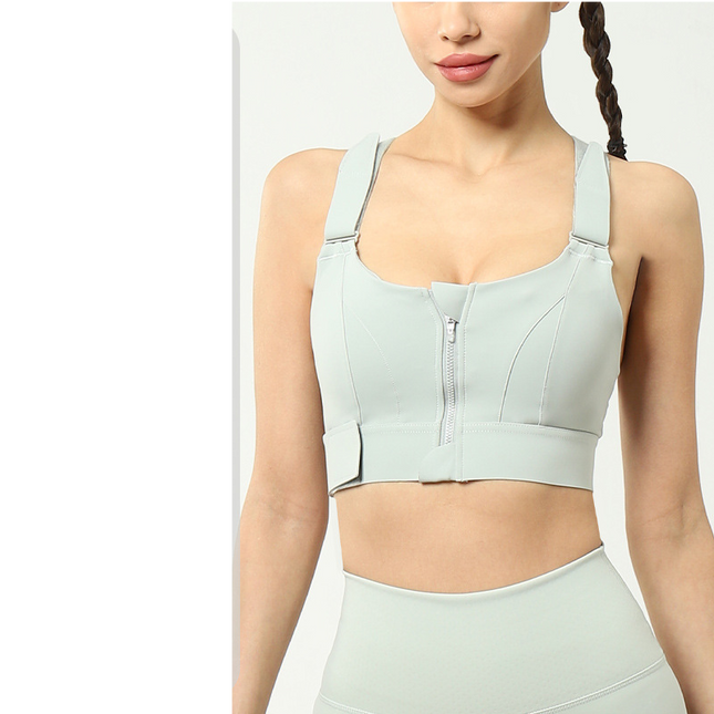 Sports Bra Fixed Breast Pads Zipper Front Women's Bra with Adjustable Straps Cross Back Support Fitness Bra
