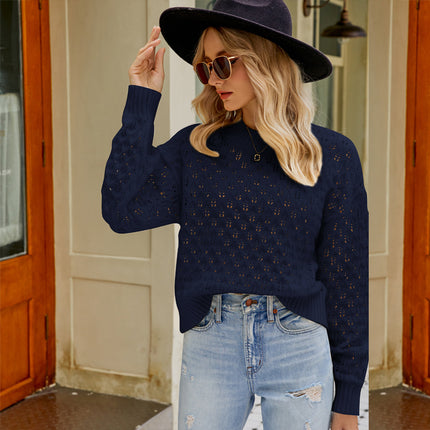 Women's Autumn and Winter Knitted Sweater Long Sleeve Design Sense Skeleton Loose Round Neck Loose Hollow Knit Pullover