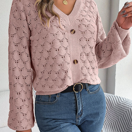 Women's Autumn Knit Sweater V-neck Button Hollow Knit Sweater Casual Long Sleeve Pullover Lightweight Sweater Top