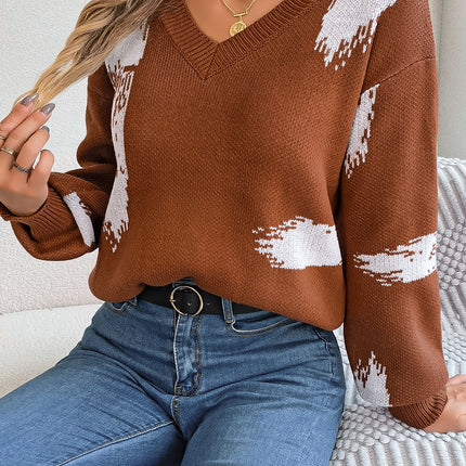 Clashing Striped Sweater Ladies Long Sleeve Cardigan Pullover Sweater Autumn Casual Lantern Sleeve Knitted Pullover Sweater Top