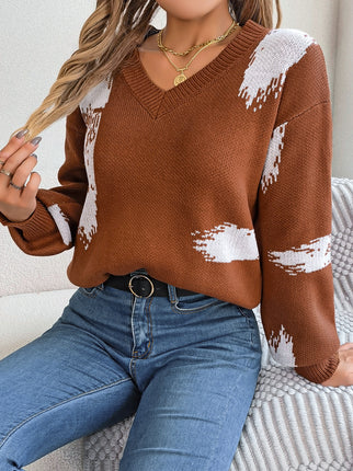 Clashing Striped Sweater Ladies Long Sleeve Cardigan Pullover Sweater Autumn Casual Lantern Sleeve Knitted Pullover Sweater Top