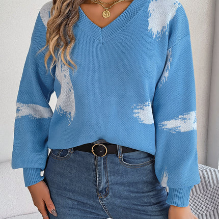 Clashing Striped Sweater Ladies Long Sleeve Cardigan Pullover Sweater Autumn Casual Lantern Sleeve Knitted Pullover Sweater Top