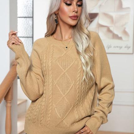 Women's sweater fall and winter shoulder insertion sleeve long sleeve twist pattern round neck pullover sweater casual loose version of the tops