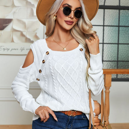 Autumn Women's Knit Sweater Fashion Square Neck Button Strapless Knit Long Sleeve Pullover Sweater