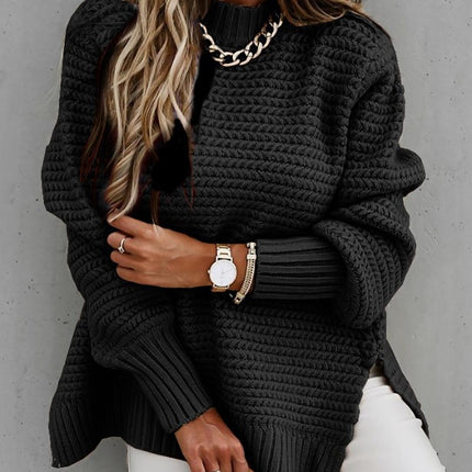 Women's Sweater Round Neck Side Split Long Sleeve Solid Color Half Turtleneck Solid Color Bundle Oversized Ribbed Knit Pullover Sweater Top
