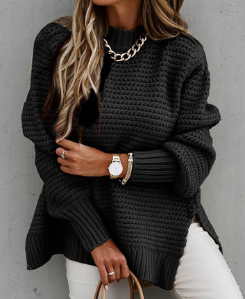 Women's Sweater Round Neck Side Split Long Sleeve Solid Color Half Turtleneck Solid Color Bundle Oversized Ribbed Knit Pullover Sweater Top