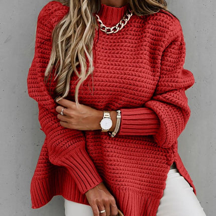 Women's Sweater Round Neck Side Split Long Sleeve Solid Color Half Turtleneck Solid Color Bundle Oversized Ribbed Knit Pullover Sweater Top