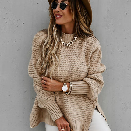 Women's Sweater Round Neck Side Split Long Sleeve Solid Color Half Turtleneck Solid Color Bundle Oversized Ribbed Knit Pullover Sweater Top